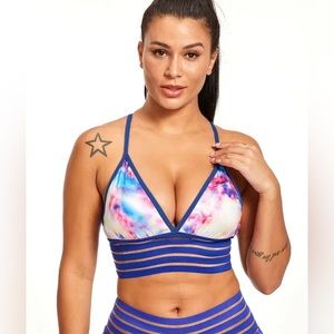 💙 MFF Ombre V Neck Sports Bra, Spaghetti Straps Contrast Mesh Mid-Stretch 💙